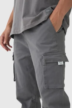 Clearance boohooMAN Slim Fit Elasticated Waist Woven Tab Cuffed Cargo Trousers charcoal