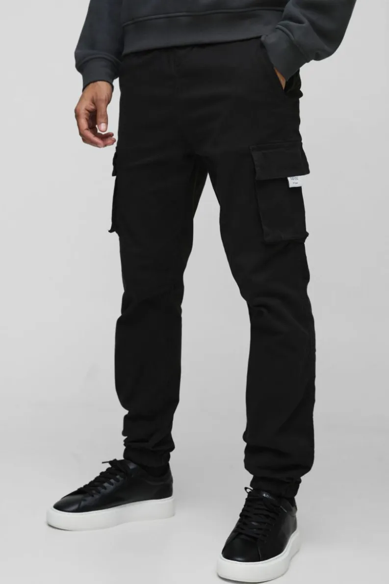Best Sale boohooMAN Slim Fit Elasticated Waist Woven Tab Cuffed Cargo Trousers black