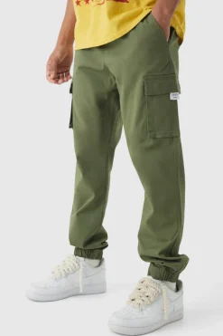 Sale boohooMAN Slim Fit Elasticated Waist Woven Tab Cuffed Cargo Trousers khaki