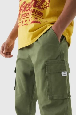 Sale boohooMAN Slim Fit Elasticated Waist Woven Tab Cuffed Cargo Trousers khaki