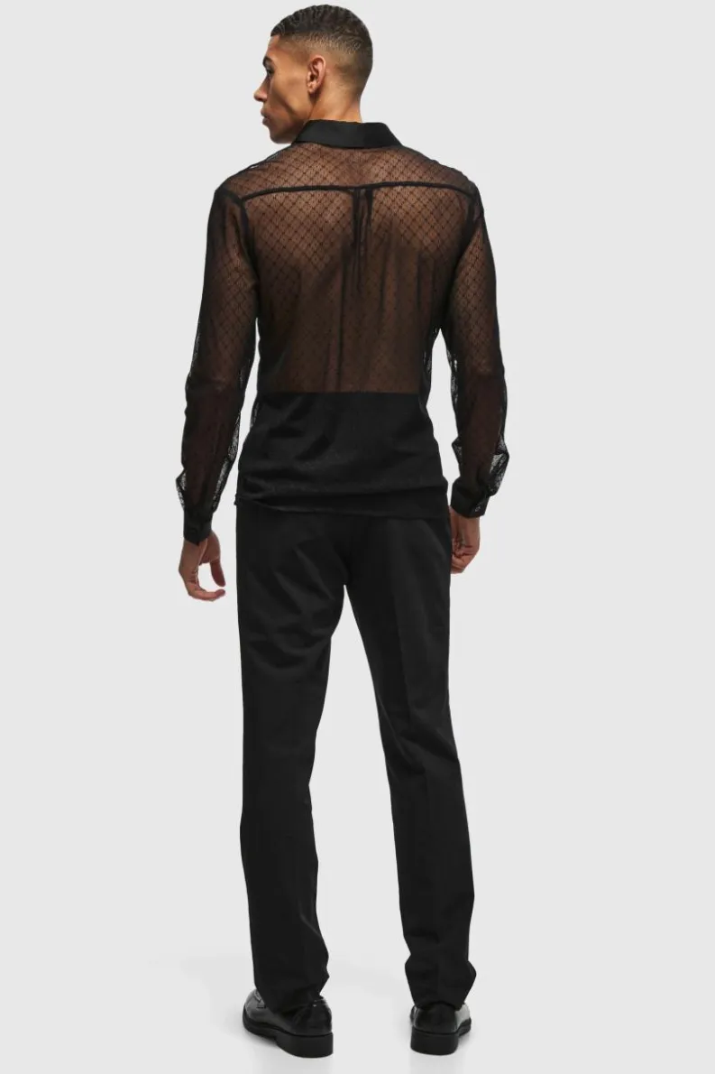 Cheap boohooMAN Slim Fit Long Sleeve Lace Shirt black