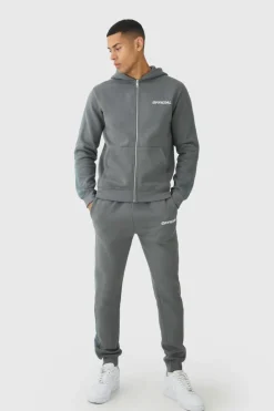 Cheap boohooMAN Slim Fit Official Zip Through Mesh Panelled Hooded Tracksuit dark grey