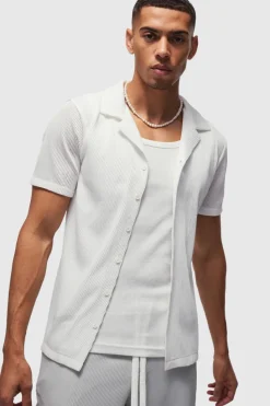 Cheap boohooMAN Slim Fit Pleated Revere Shirt white