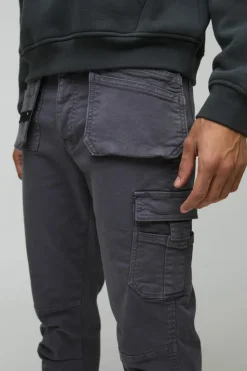 Outlet boohooMAN Slim Fit Strap Detail Cargo Trouser charcoal