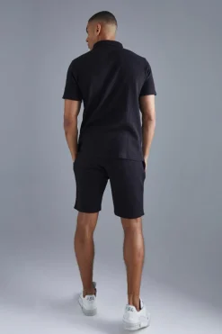Flash Sale boohooMAN Slim Fit Waffle Polo & Short Set black