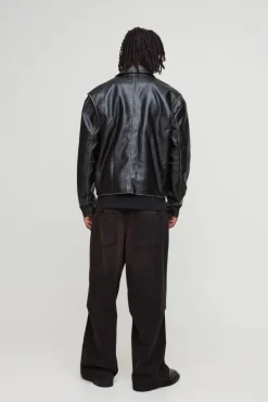 Flash Sale boohooMAN Slim Fit Washed PU Harrington Jacket In black