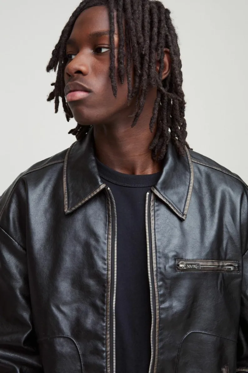 Flash Sale boohooMAN Slim Fit Washed PU Harrington Jacket In black