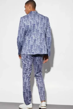 Clearance boohooMAN Slim Fit Wrap Dragon Printed Suit Jacket ice blue