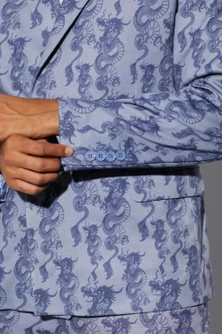 Clearance boohooMAN Slim Fit Wrap Dragon Printed Suit Jacket ice blue