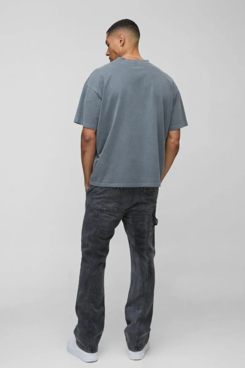 Clearance boohooMAN Slim Flare Acid Wash Twill Printed Carpenter Trousers dark grey