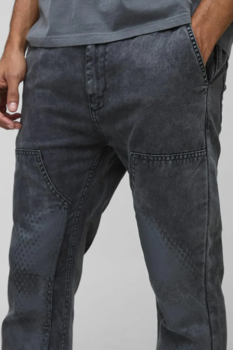 Clearance boohooMAN Slim Flare Acid Wash Twill Printed Carpenter Trousers dark grey