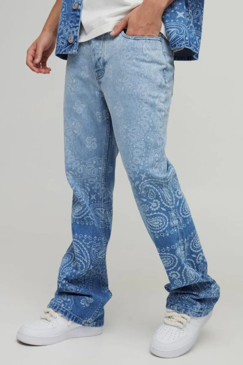 Outlet boohooMAN Slim Flared Bandana Laser Print Jeans light blue