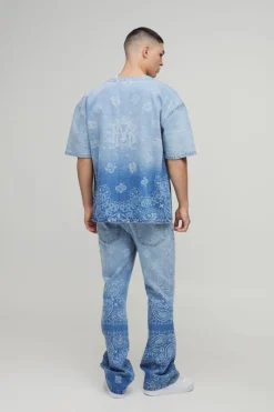 Outlet boohooMAN Slim Flared Bandana Laser Print Jeans light blue