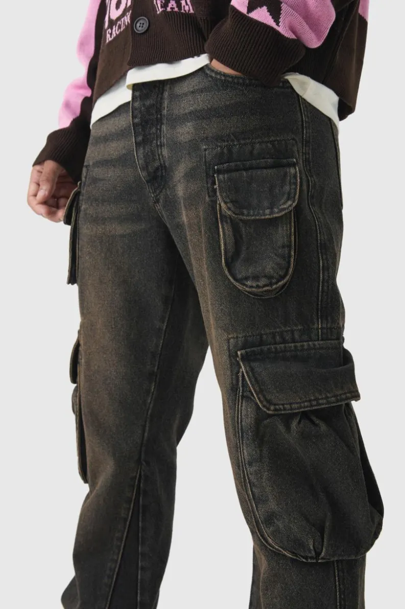Cheap boohooMAN Slim Flared Cargo Gusset Jeans brown