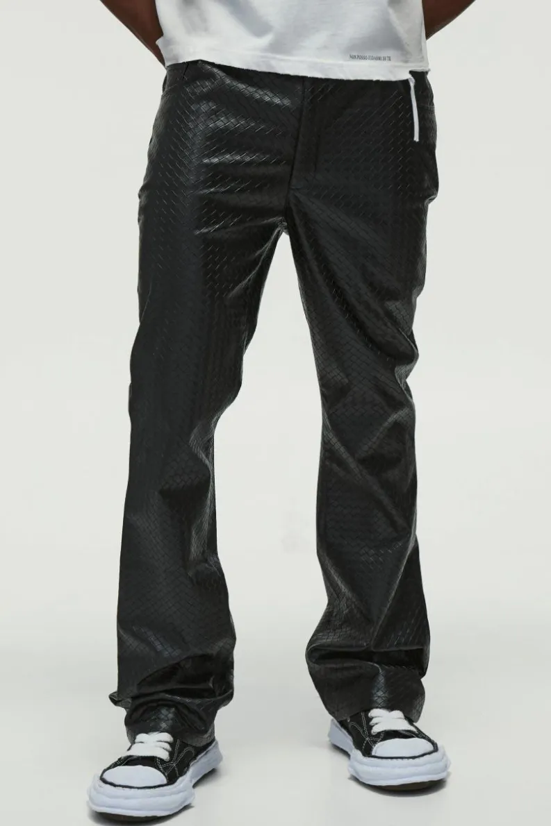 Online boohooMAN Slim Flared Woven PU Trousers black