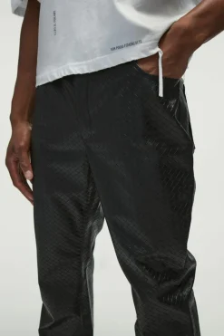 Online boohooMAN Slim Flared Woven PU Trousers black