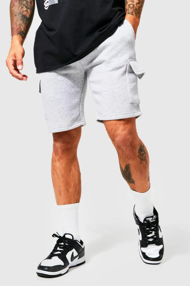 Hot boohooMAN Slim Mid Cargo Jersey Short grey marl
