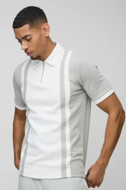 Outlet boohooMAN Slim Panelled Zip Neck Interlock Polo white