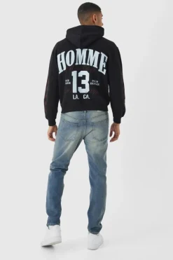 New boohooMAN Slim Rigid Cross Embroidered Jeans antique blue