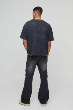 Fashion boohooMAN Slim Rigid Flare Cross Embroidered Jeans charcoal
