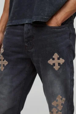 Fashion boohooMAN Slim Rigid Flare Cross Embroidered Jeans charcoal