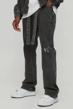 Online boohooMAN Slim Rigid Flared Embossed Belted Jeans grey