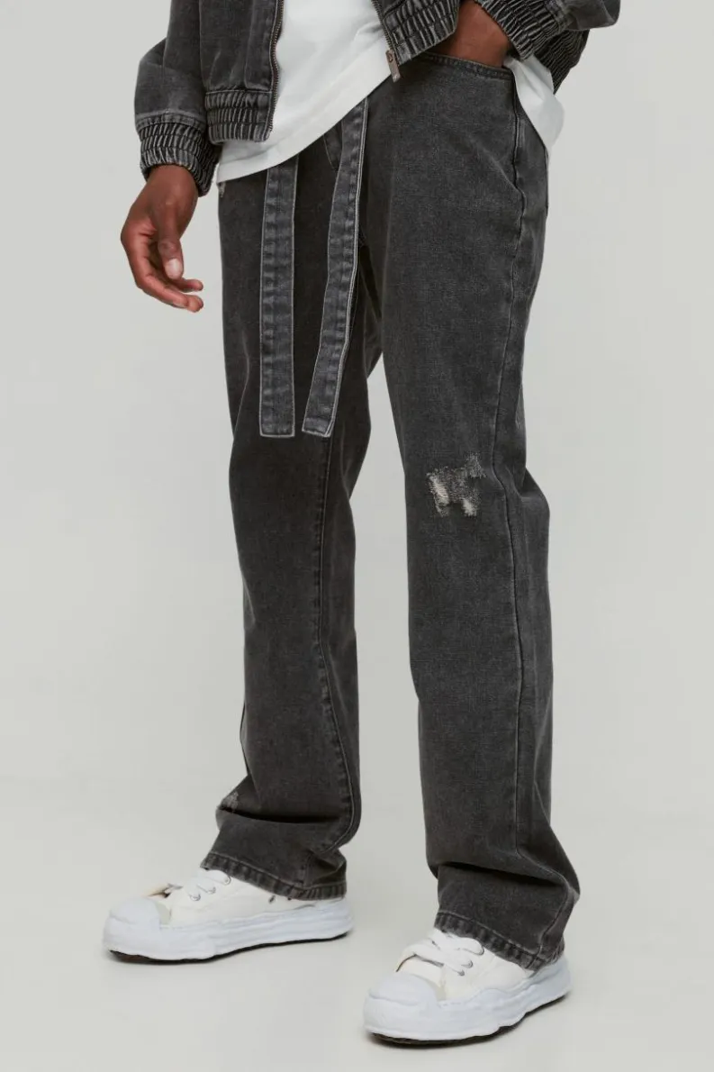 Online boohooMAN Slim Rigid Flared Embossed Belted Jeans grey