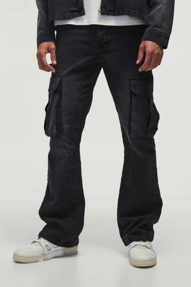 Sale boohooMAN Slim Rigid Flared Gusset Cargo Smart Jeans washed black