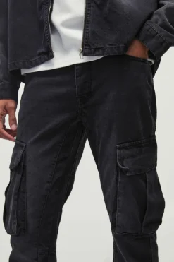 Sale boohooMAN Slim Rigid Flared Gusset Cargo Smart Jeans washed black