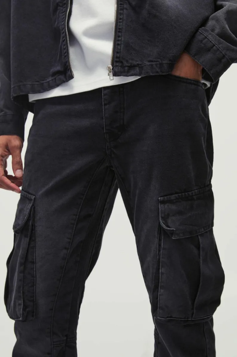 Sale boohooMAN Slim Rigid Flared Gusset Cargo Smart Jeans washed black