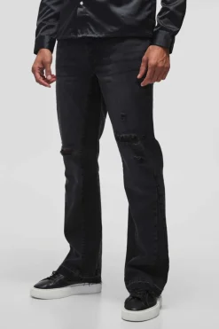 Store boohooMAN Slim Rigid Flare Distressed Gusset Panel Acid Washed Denim Jeans washed black