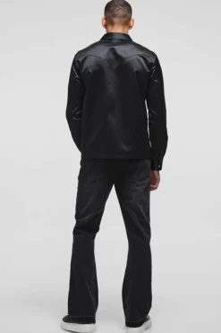 Store boohooMAN Slim Rigid Flare Distressed Gusset Panel Acid Washed Denim Jeans washed black
