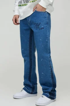 Flash Sale boohooMAN Slim Rigid Flare Embroidery Paint Splatter Gusset Denim Jeans light blue