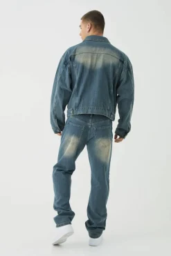Cheap boohooMAN Slim Rigid Flare Herringbone Fabric Interest Jeans vintage blue