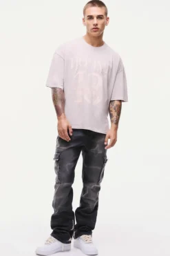 Cheap boohooMAN Slim Rigid Flare Overdyed Distressed Cargo Jeans black