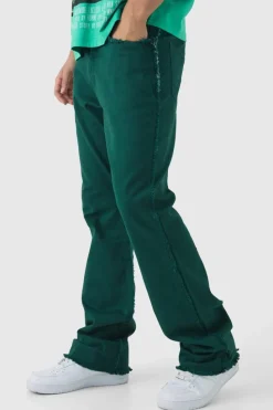Fashion boohooMAN Slim Rigid Flare Stacked Frayed Edge Denim Jeans dark green