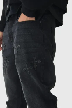 Outlet boohooMAN Slim Rigid Flare Washed Denim Cross Applique Jeans washed black