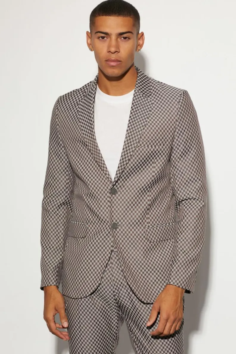 Store boohooMAN Slim Single Breasted Checkerboard Suit Jacket grey