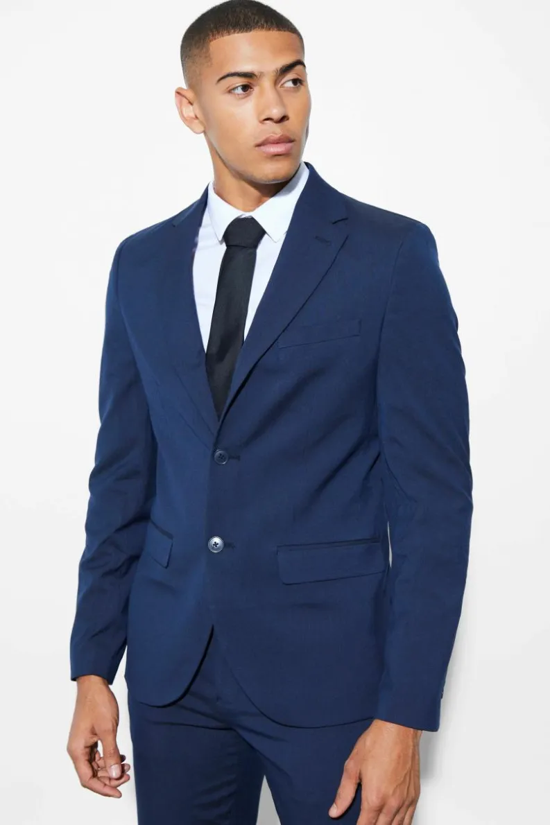 Shop boohooMAN Slim Single Breasted Suit Jacket navy