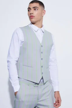 Online boohoo Slim Single Breasted Wide Stripe Suit light grey