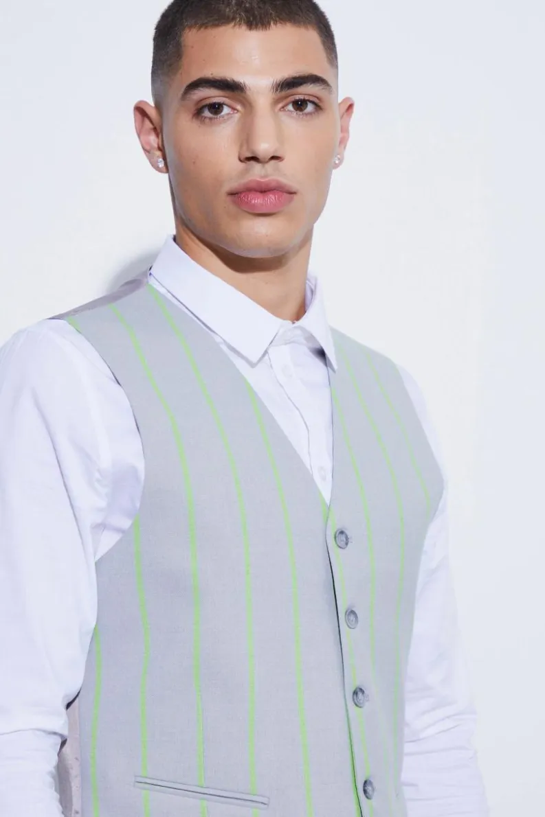 Online boohoo Slim Single Breasted Wide Stripe Suit light grey