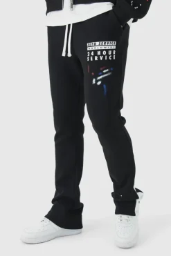 Outlet boohooMAN Slim Stacked Flare Paint Splatter Gusset Jogger black