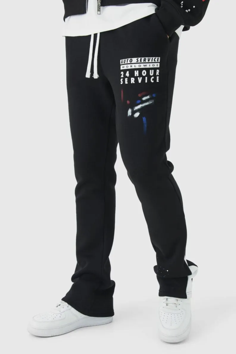 Outlet boohooMAN Slim Stacked Flare Paint Splatter Gusset Jogger black