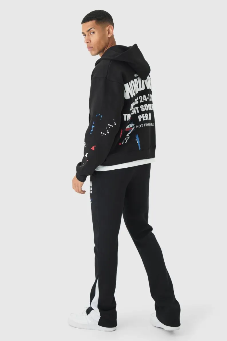 Outlet boohooMAN Slim Stacked Flare Paint Splatter Gusset Jogger black