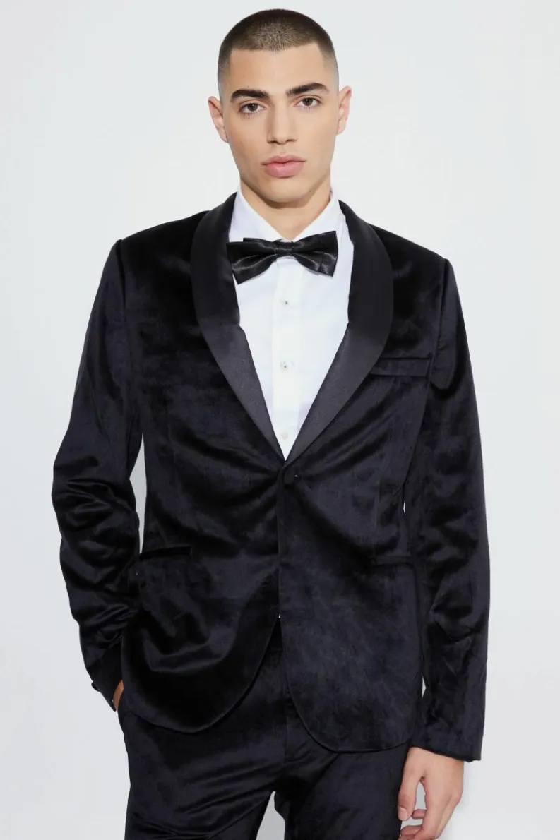 Online boohooMAN Slim Velvet and Satin Lapel Suit Jacket black