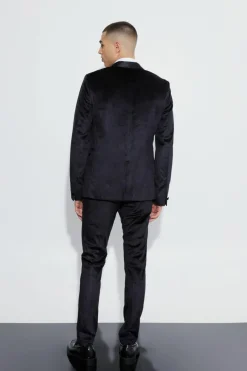 Online boohooMAN Slim Velvet and Satin Lapel Suit Jacket black