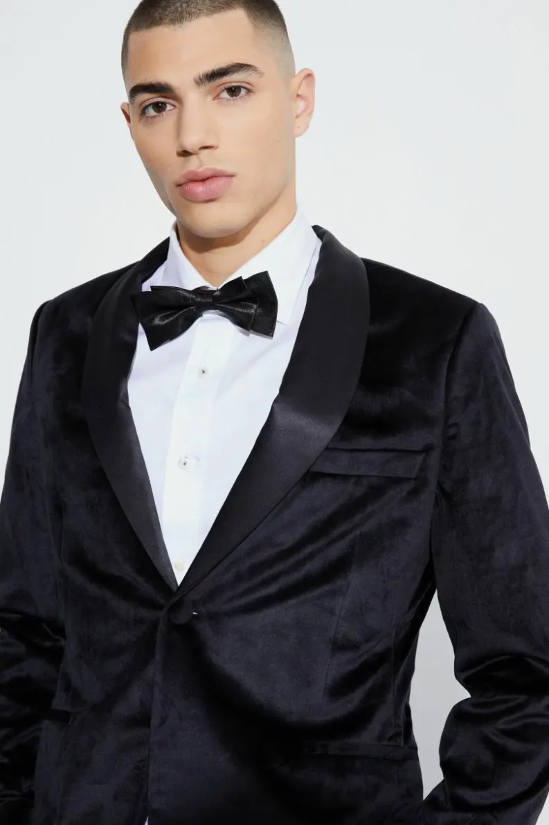 Online boohooMAN Slim Velvet and Satin Lapel Suit Jacket black
