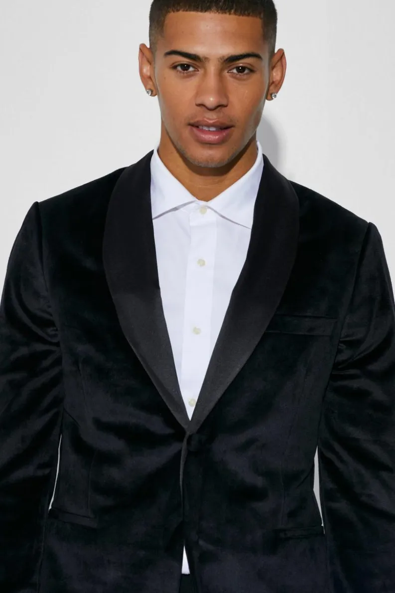 Online boohooMAN Slim Velvet and Satin Lapel Suit Jacket black