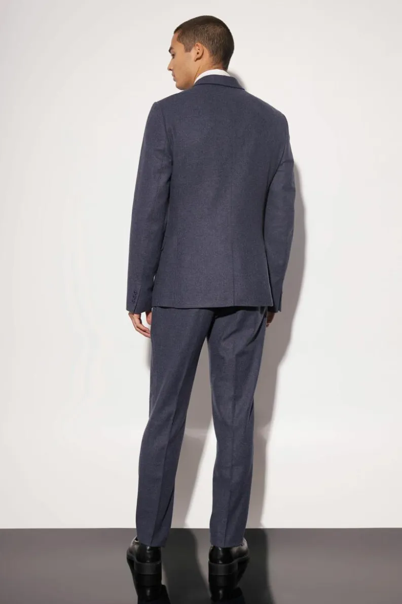 New boohooMAN Slim Wool Tweed Single Breasted Suit Jacket navy
