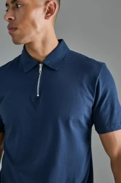 New boohooMAN Slim Zip Neck Polo navy